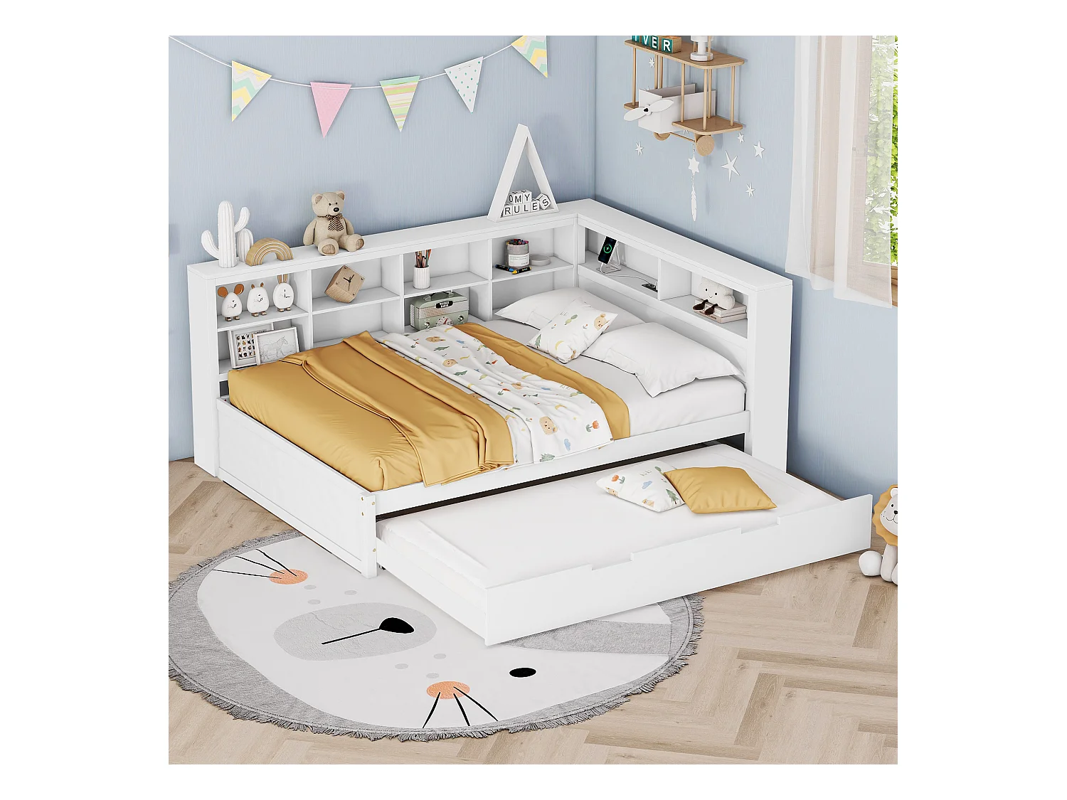 Canapé-lit 140x200, lit gigogne 90x190 avec port USB et étagères, lit double multifonction en bois massif, blanc