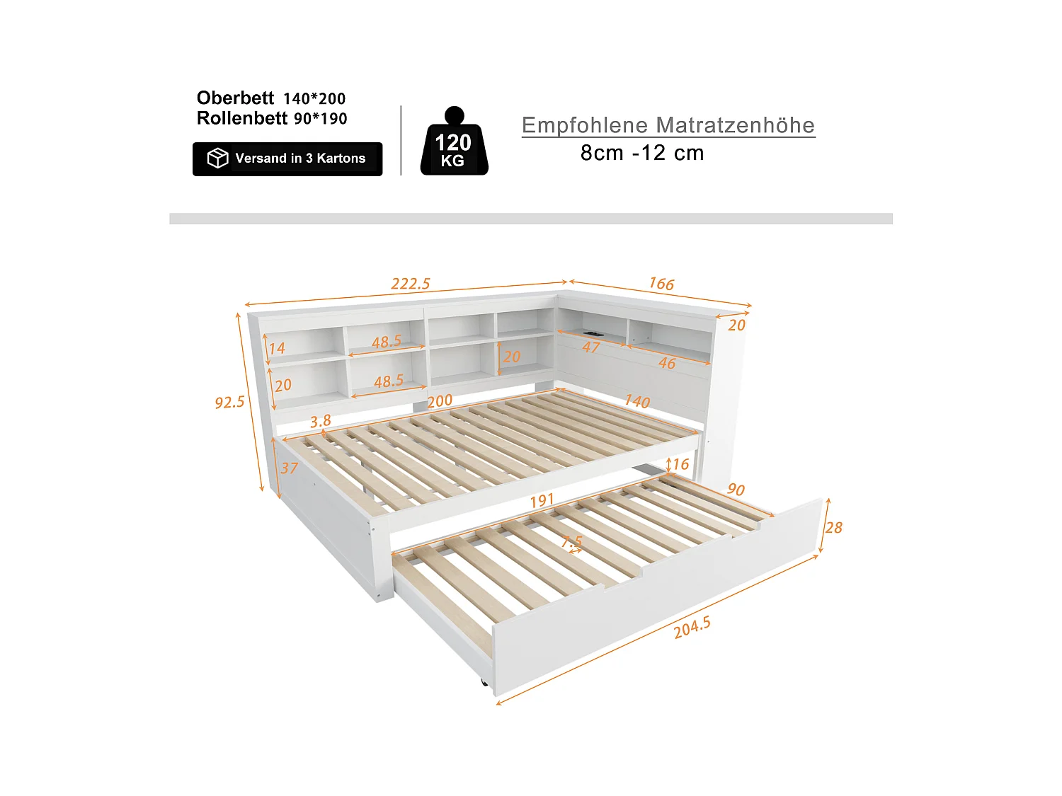 Canapé-lit 140x200, lit gigogne 90x190 avec port USB et étagères, lit double multifonction en bois massif, blanc