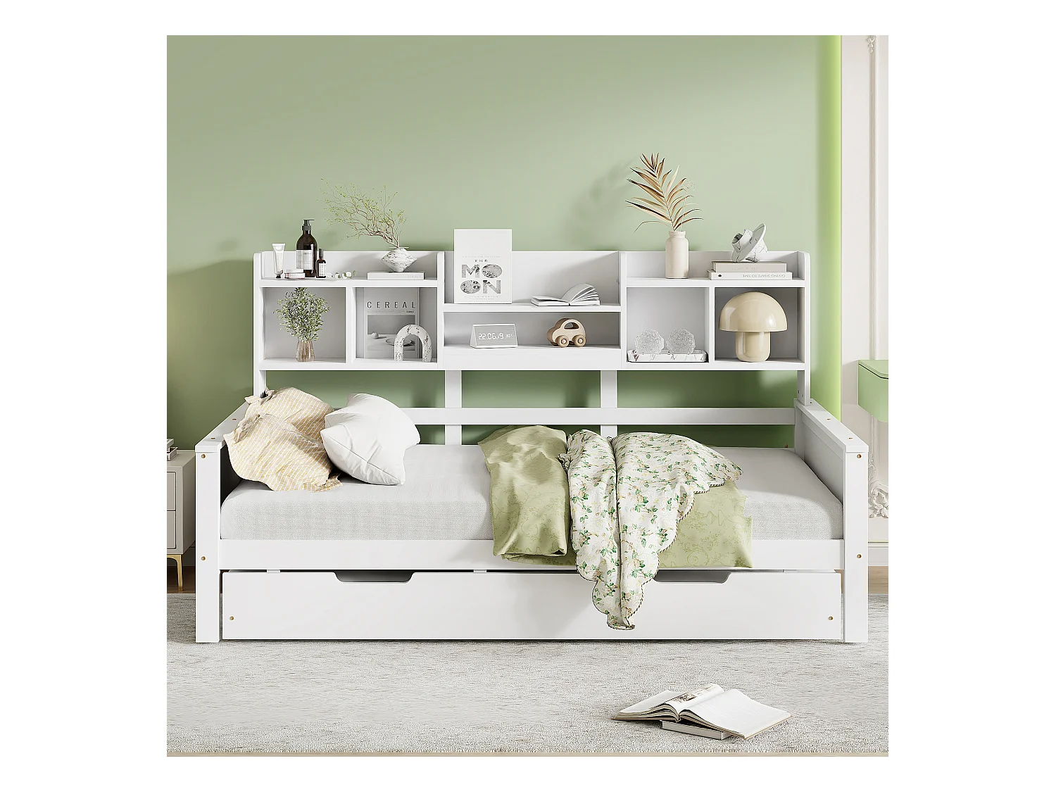 Canapé-lit extensible 90x200 en pin massif, lit gigogne 90x190 avec rangement et sommier, lit simple multifonction, blanc