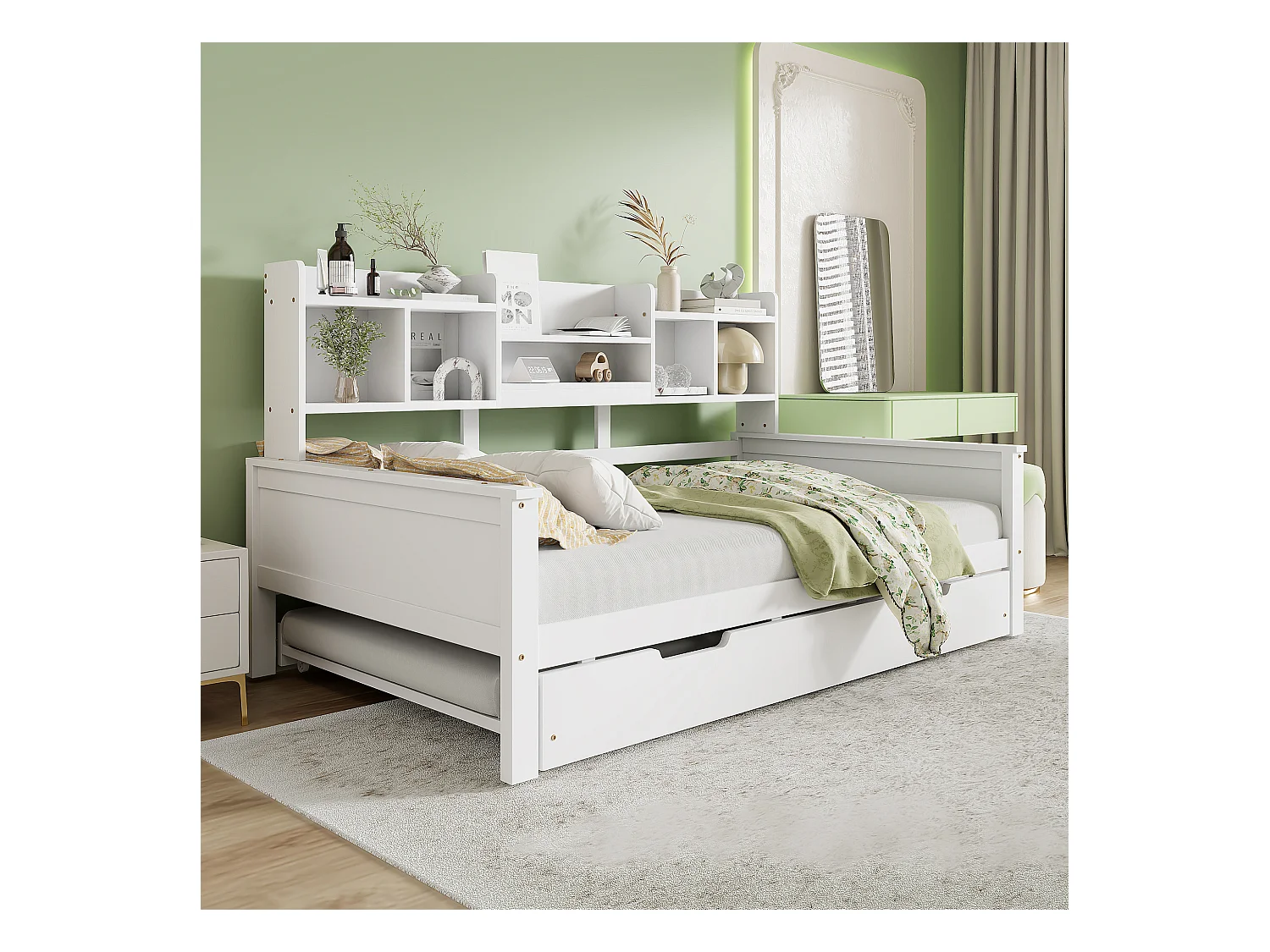 Canapé-lit extensible 90x200 en pin massif, lit gigogne 90x190 avec rangement et sommier, lit simple multifonction, blanc