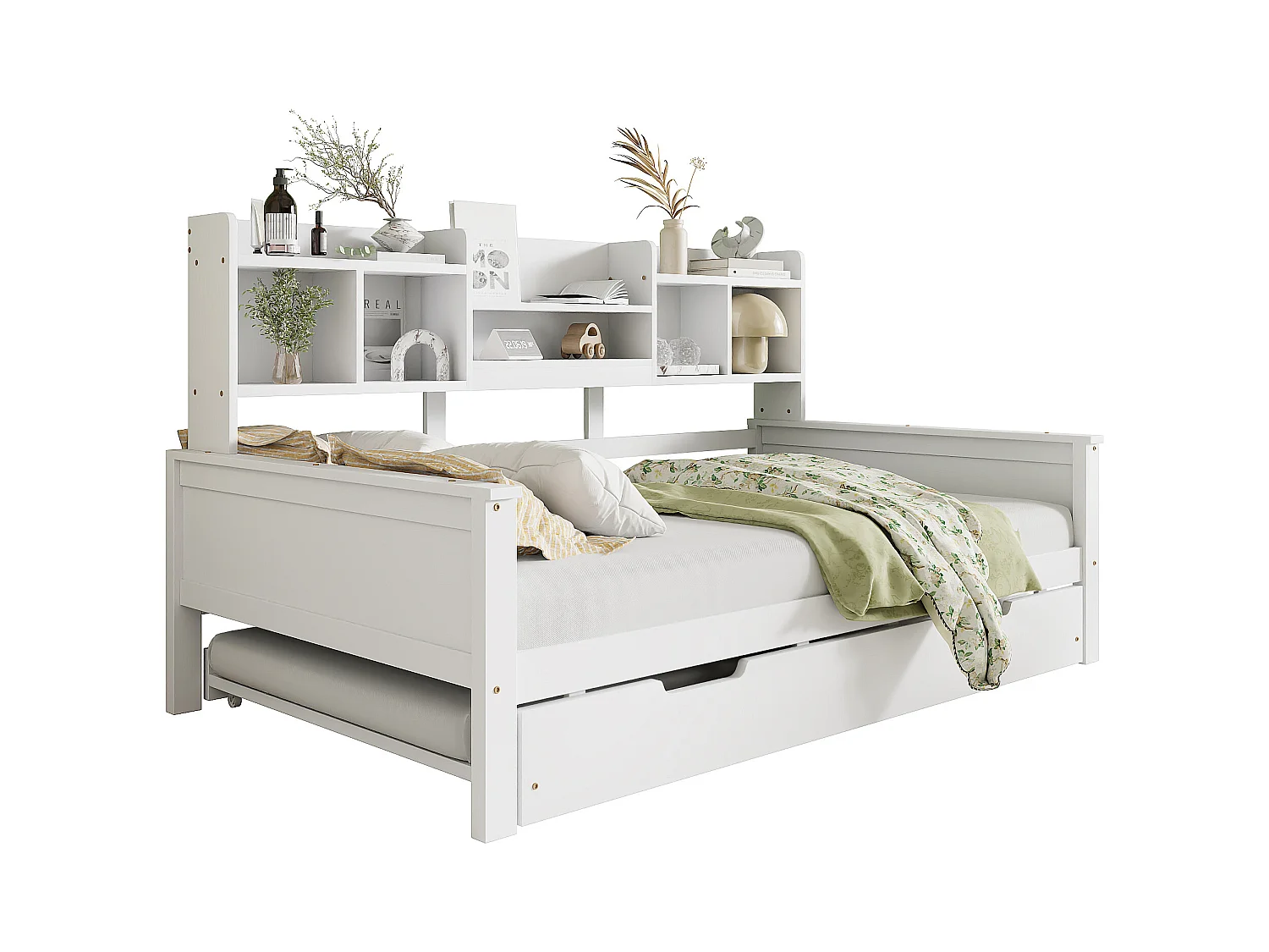 Canapé-lit extensible 90x200 en pin massif, lit gigogne 90x190 avec rangement et sommier, lit simple multifonction, blanc