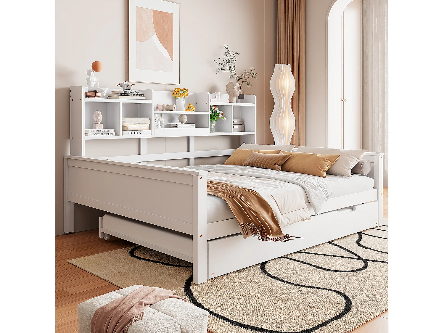 Canapé-lit extensible en bois massif 140x200, lit gigogne 90x190 avec rangement et sommier, lit multifonction, blanc