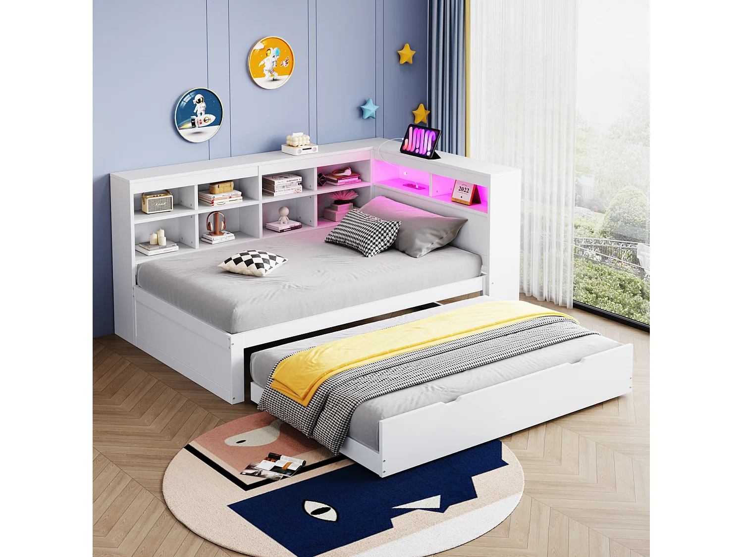 Canapé-lit en bois massif 90x200, avec lit gigogne, LED, port USB et étagères, lit simple multifonction, blanc