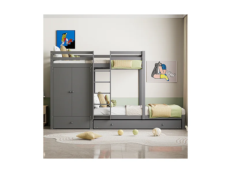 Lit superposé en bois massif 90x200, avec lit gigogne, armoire, tiroirs et étagère, lit enfant multifonction, gris