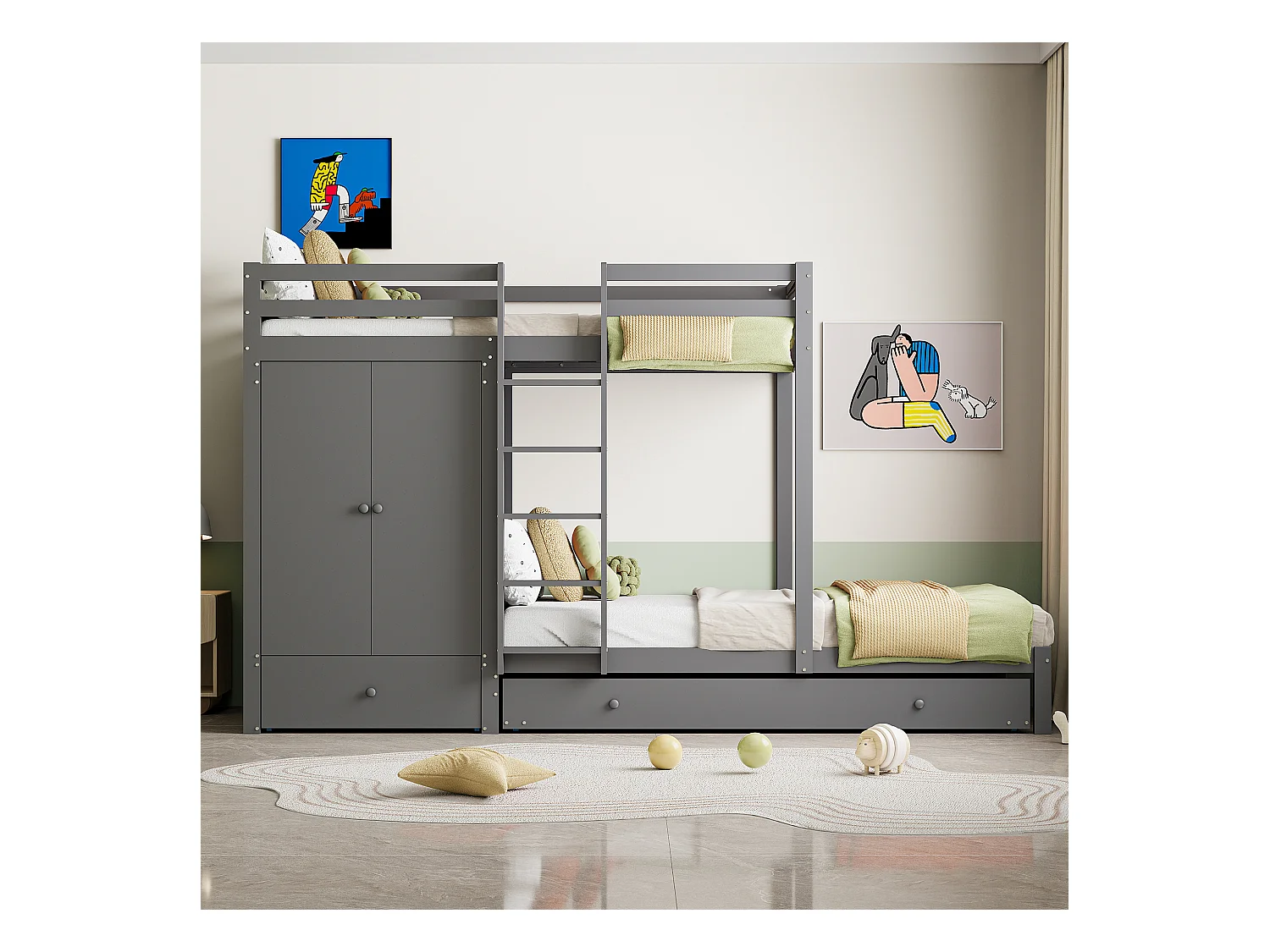 Lit superposé en bois massif 90x200, avec lit gigogne, armoire, tiroirs et étagère, lit enfant multifonction, gris