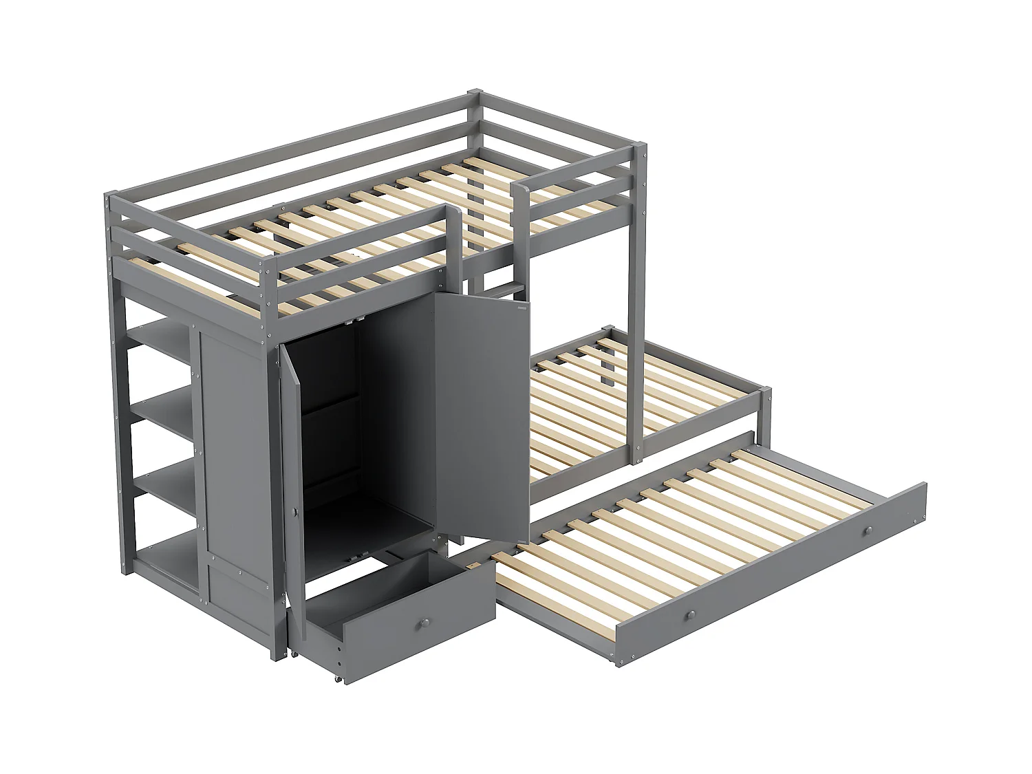 Lit superposé en bois massif 90x200, avec lit gigogne, armoire, tiroirs et étagère, lit enfant multifonction, gris