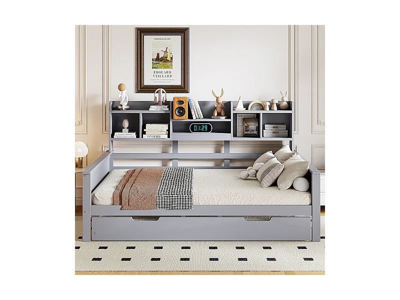 Canapé-lit extensible en bois massif 140x200, lit gigogne 90x190 avec rangement et sommier, lit multifonction, gris