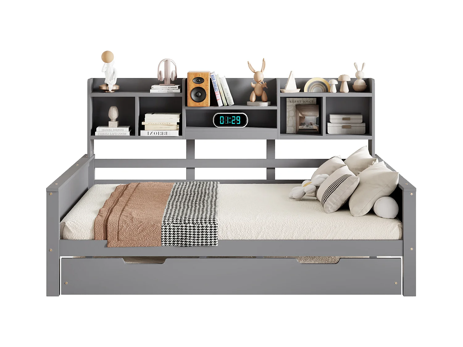 Canapé-lit extensible en bois massif 140x200, lit gigogne 90x190 avec rangement et sommier, lit multifonction, gris