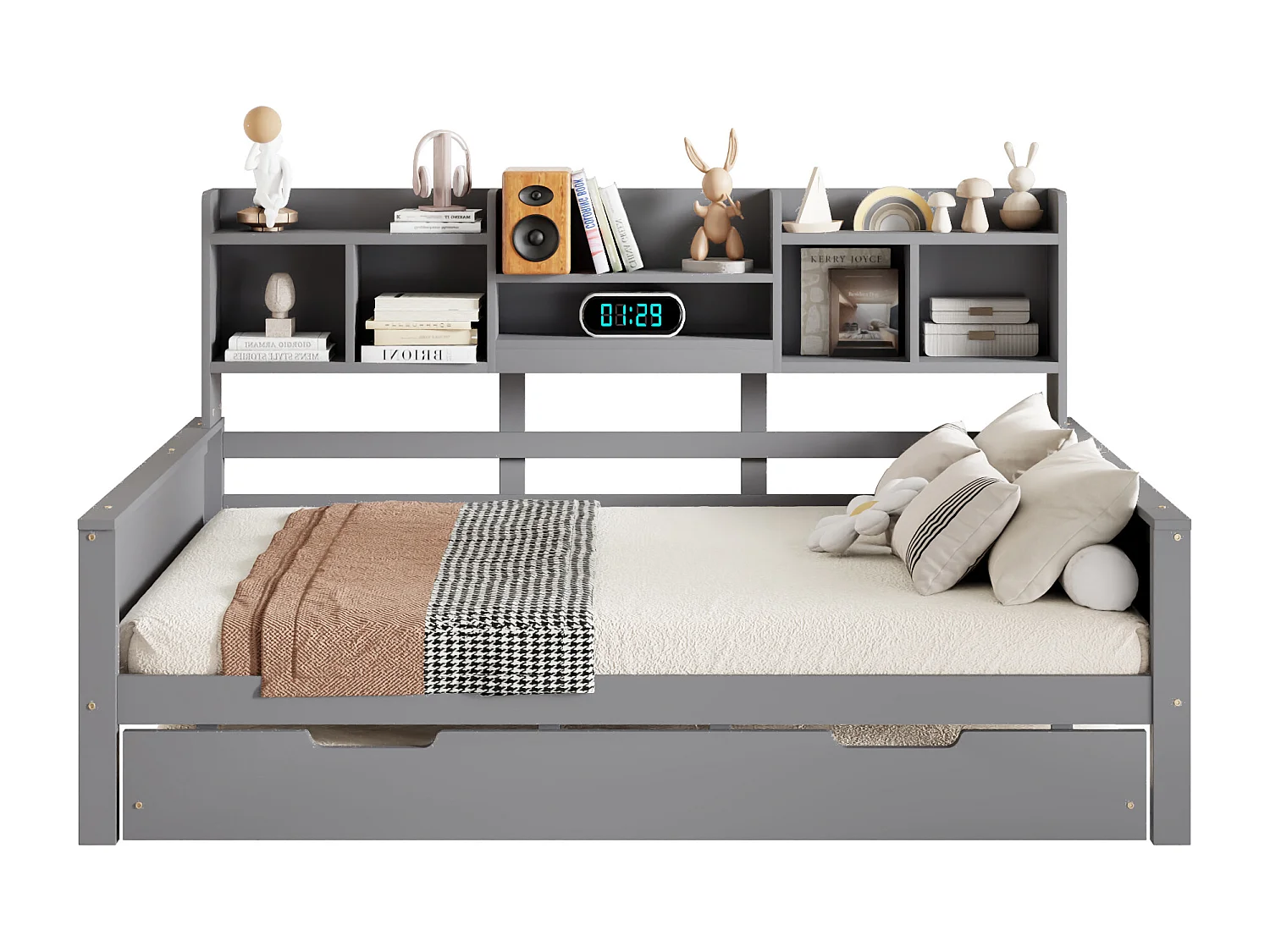 Canapé-lit extensible en bois massif 140x200, lit gigogne 90x190 avec rangement et sommier, lit multifonction, gris