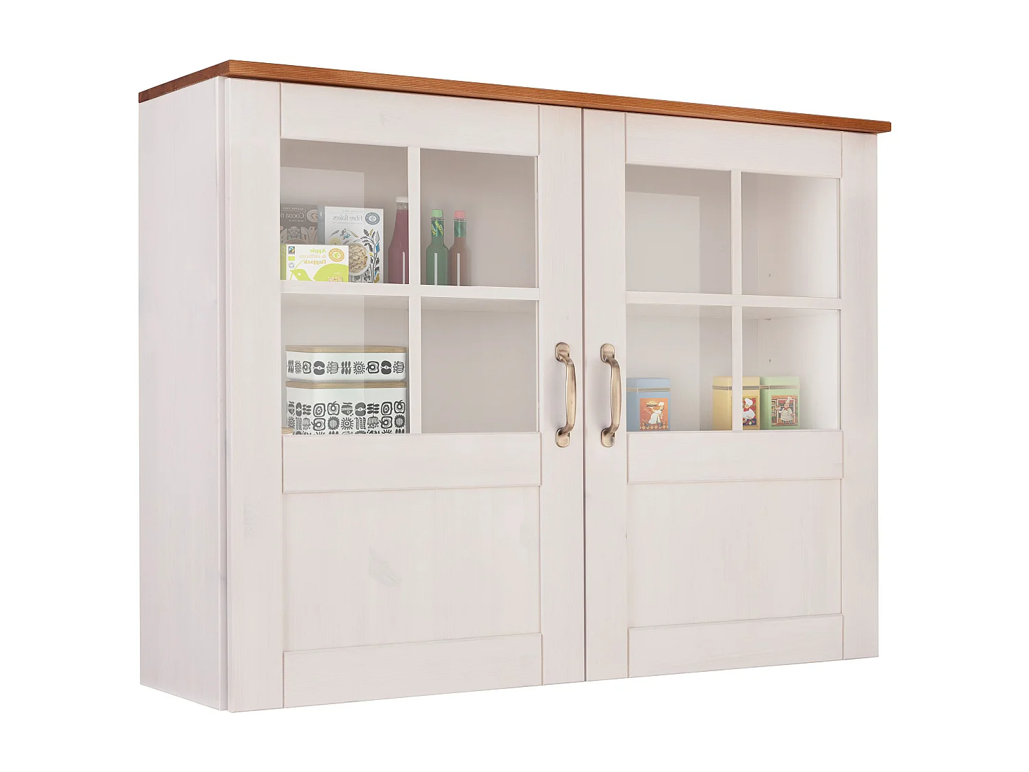 Alby | Vitrine murale à deux portes en blanc avec plaque supérieure couleur miel