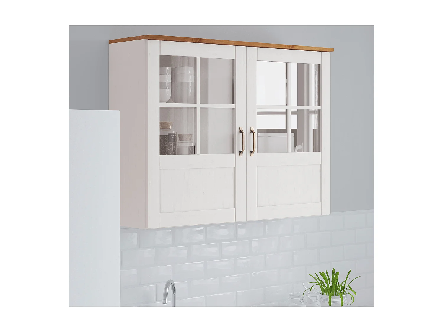 Alby | Vitrine murale à deux portes en blanc avec plaque supérieure couleur miel