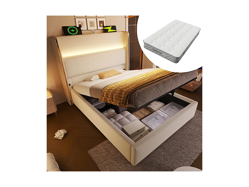 90 x 200 cm Stauraumbett – Einzelbett mit LED-Beleuchtung und USB-/Typ-C-Anschlüssen – beige Bettwäsche – Matratze inklusive