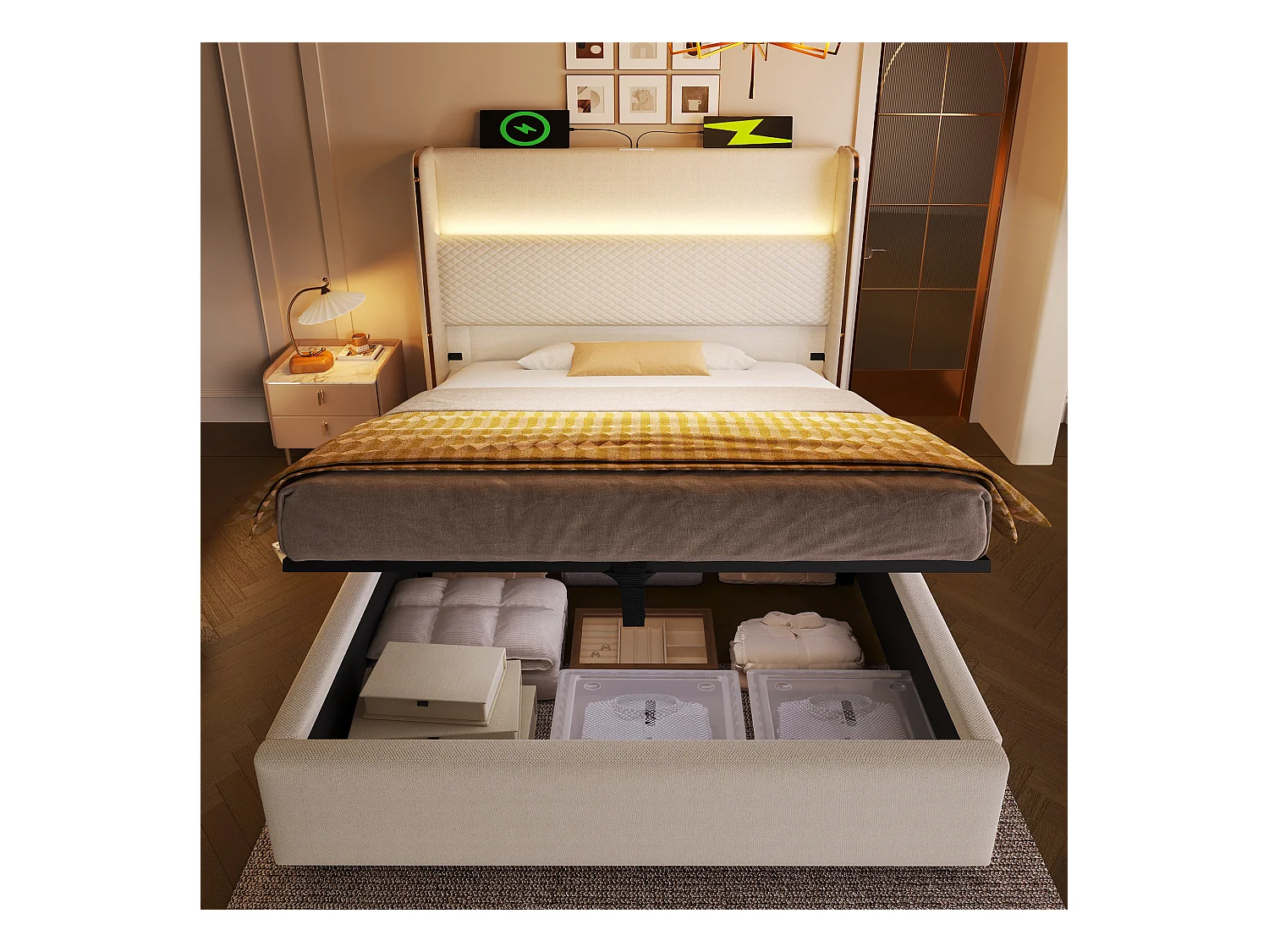 90 x 200 cm Stauraumbett – Einzelbett mit LED-Beleuchtung und USB-/Typ-C-Anschlüssen – beige Bettwäsche – Matratze inklusive