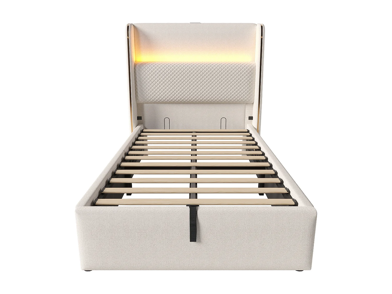 90 x 200 cm Stauraumbett – Einzelbett mit LED-Beleuchtung und USB-/Typ-C-Anschlüssen – beige Bettwäsche – Matratze inklusive