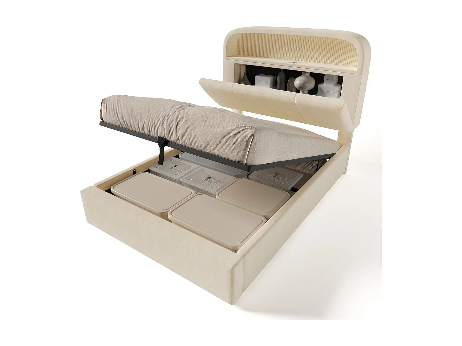 Letto contenitore 90 x 200 cm - Letto singolo con illuminazione a LED e spazio contenitore - velluto beige - materasso incluso