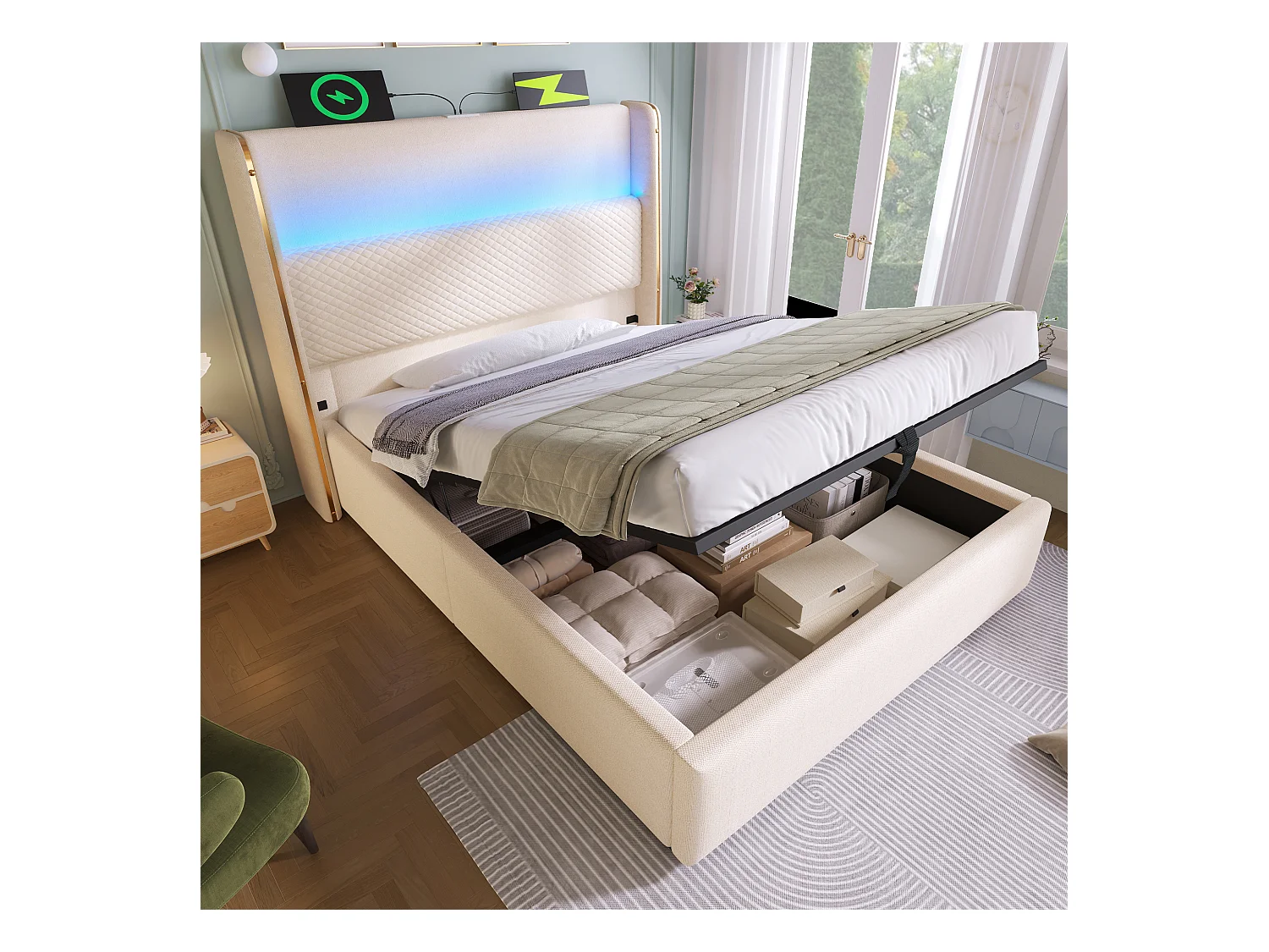 Letto contenitore 90 x 200 cm - Letto singolo con illuminazione a LED e porte USB/Type-C - lino beige - materasso non incluso