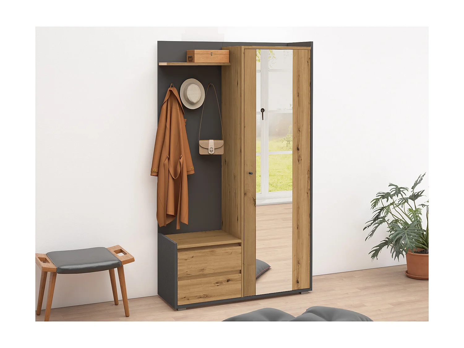 Kosmo | Armoire avec 1 porte et 2 tiroirs en aspect bois anthracite
