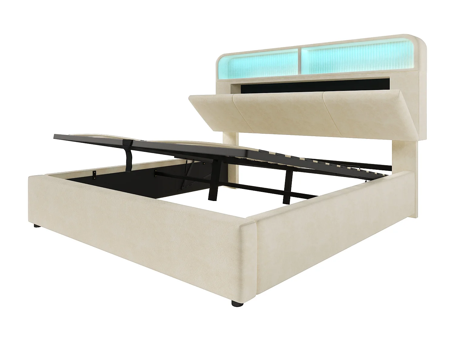 Lit coffre 160 x 200 cm - Lit double avec éclairage LED et espace de rangement - velours beige - matelas non fourni