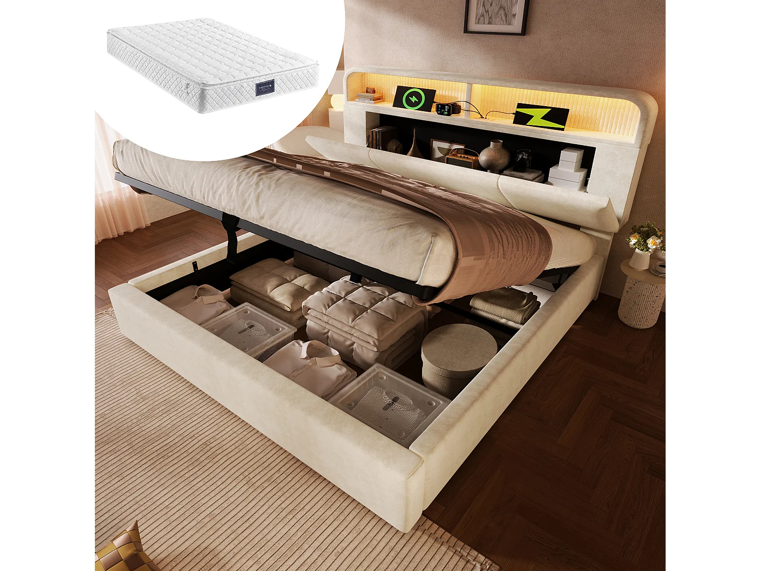 Opbergbed 140 x 200 cm - Tweepersoonsbed met ledverlichting en opbergruimte - beige fluweel - inclusief matras