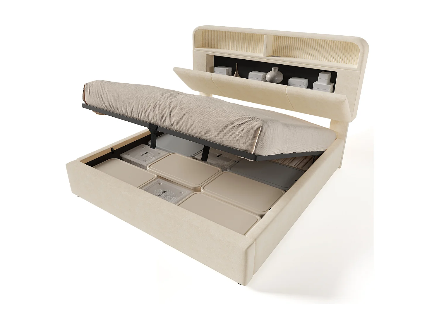 Lit coffre 140 x 200 cm - Lit double avec éclairage LED et espace de rangement - velours beige - matelas inclus