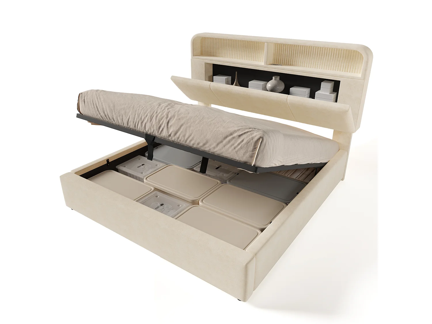 Bett mit Stauraum 140 x 200 cm – Doppelbett mit LED-Beleuchtung und Stauraum – beiger samtbezug – matratze inklusive