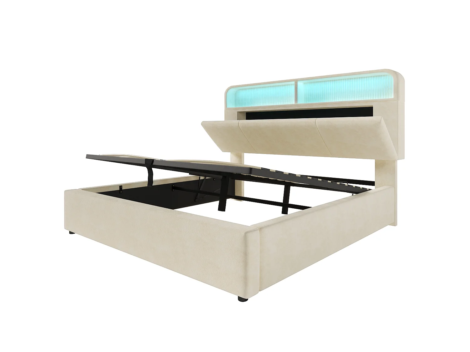 Bett mit Stauraum 140 x 200 cm – Doppelbett mit LED-Beleuchtung und Stauraum – beiger samtbezug – matratze inklusive