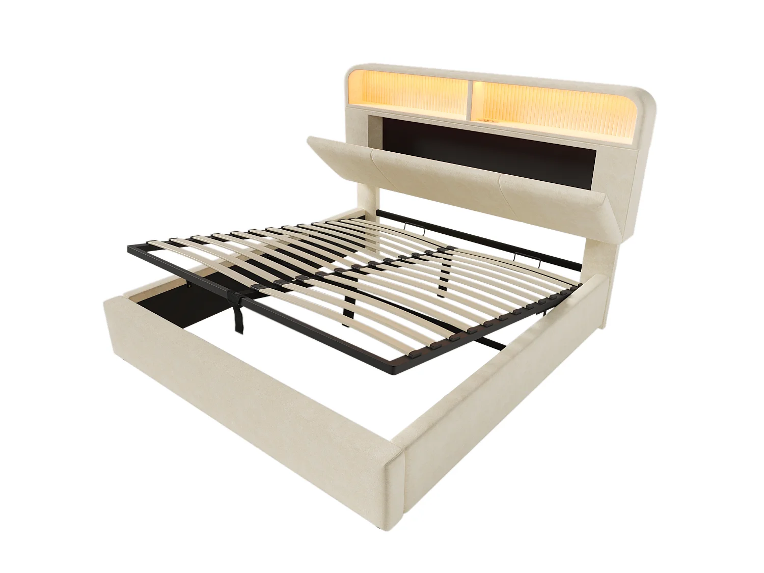 Bett mit Stauraum 140 x 200 cm – Doppelbett mit LED-Beleuchtung und Stauraum – beiger samtbezug – matratze inklusive