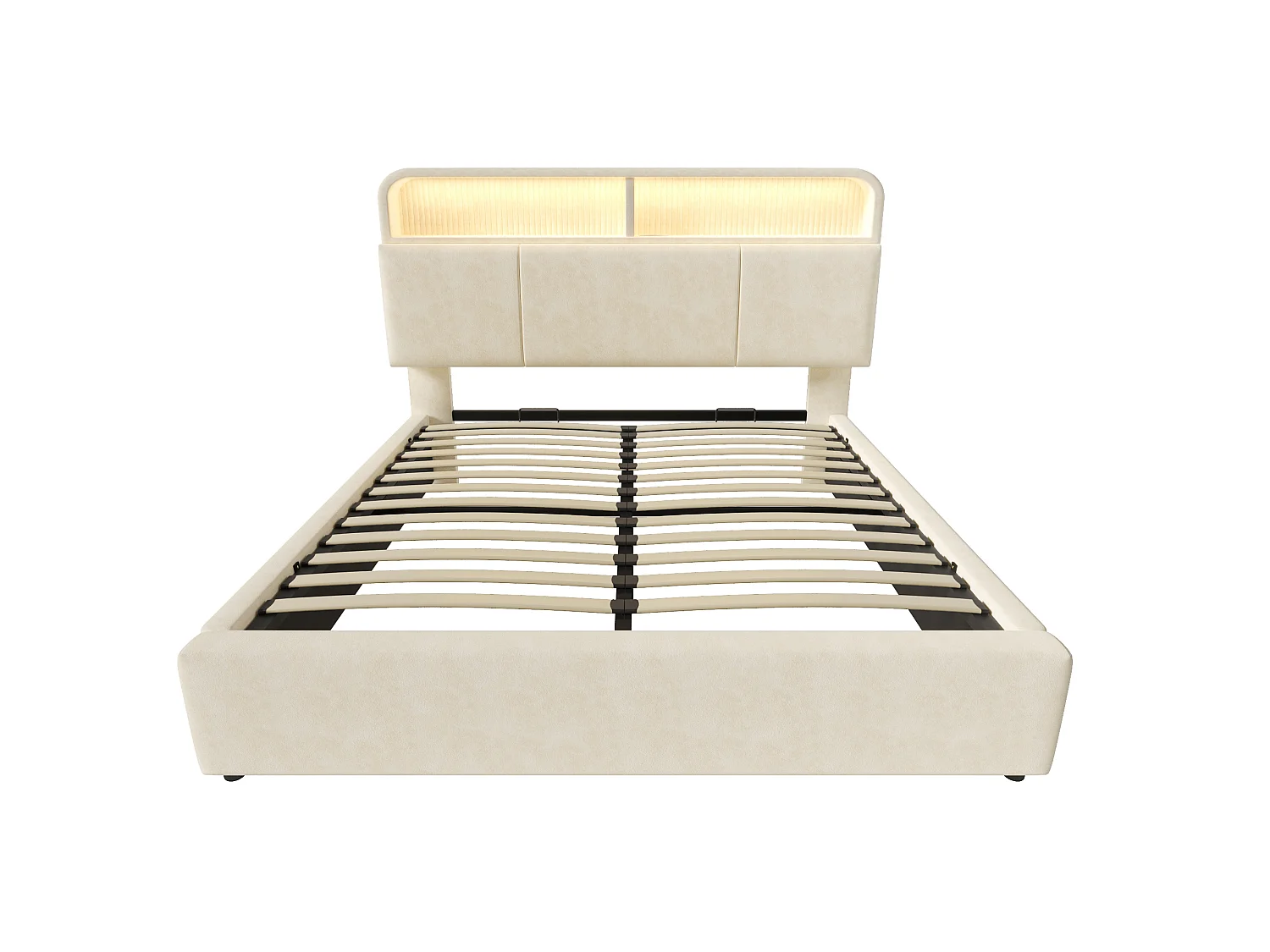 Bett mit Stauraum 140 x 200 cm – Doppelbett mit LED-Beleuchtung und Stauraum – beiger samtbezug – matratze inklusive