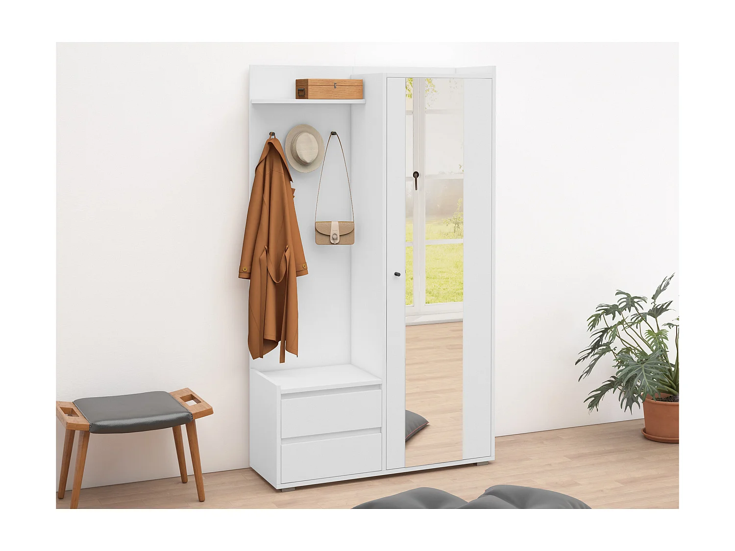 Kosmo | Armoire avec 1 porte et 2 tiroirs en aspect bois blanc