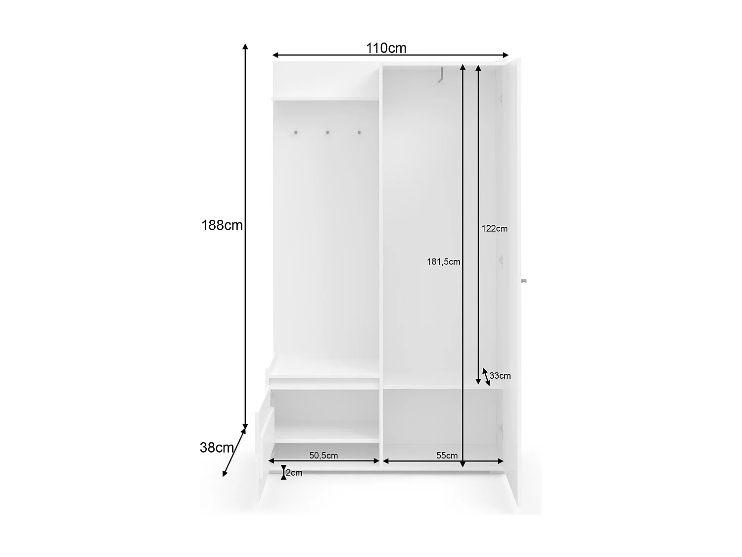 Kosmo | Armoire avec 1 porte et 2 tiroirs en aspect bois blanc
