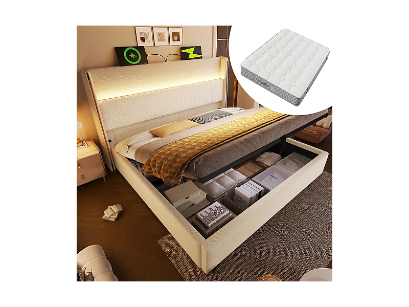 Bett mit Stauraum 160 x 200 cm – Erwachsenenbett mit LED-Beleuchtung und USB-/Typ-C-Anschlüssen – beige Bettwäsche – Matratze inklusive