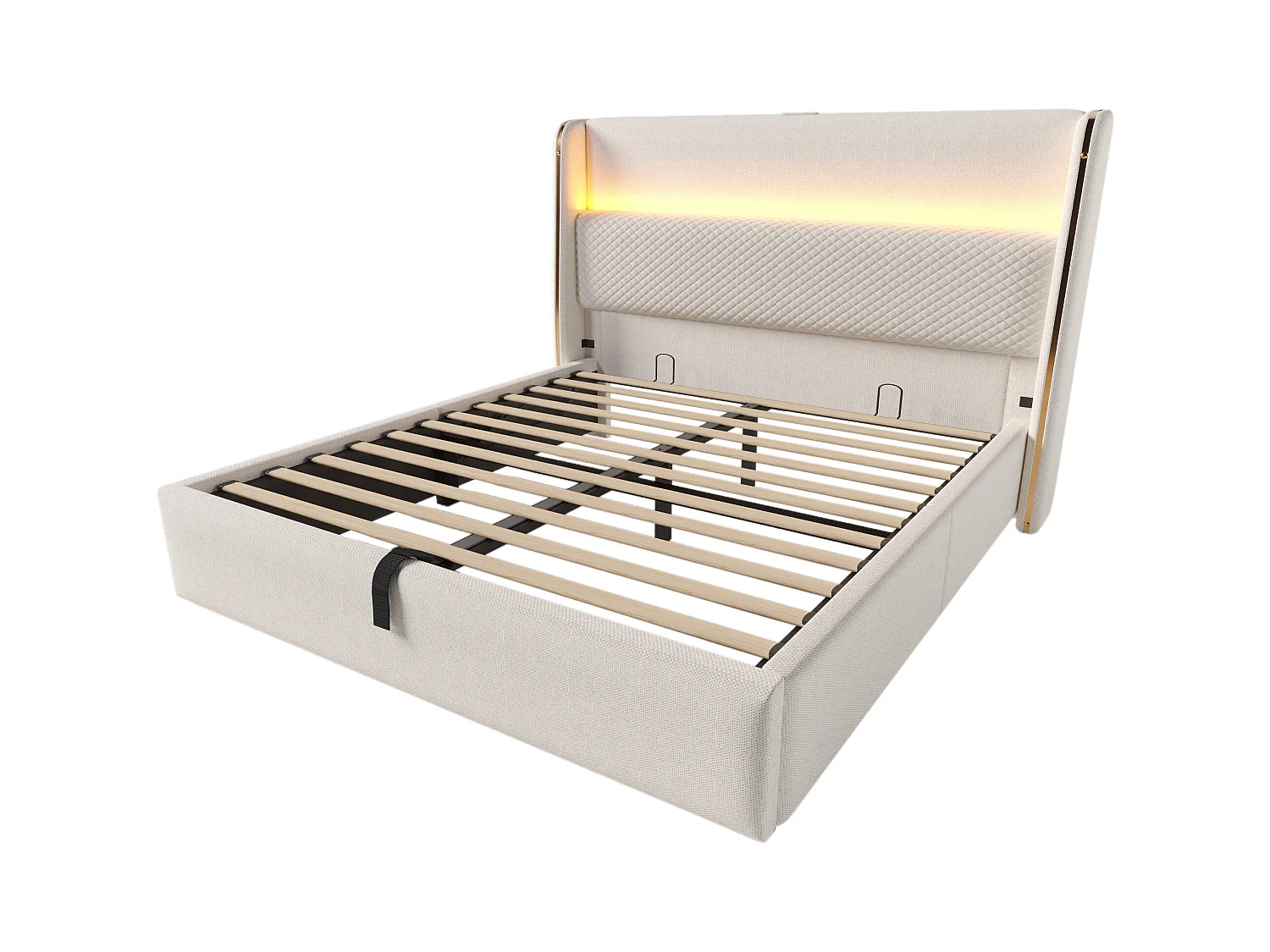 Letto contenitore 160 x 200 cm - Letto per adulti con illuminazione a LED e porte USB/Type-C - lino beige - materasso non incluso