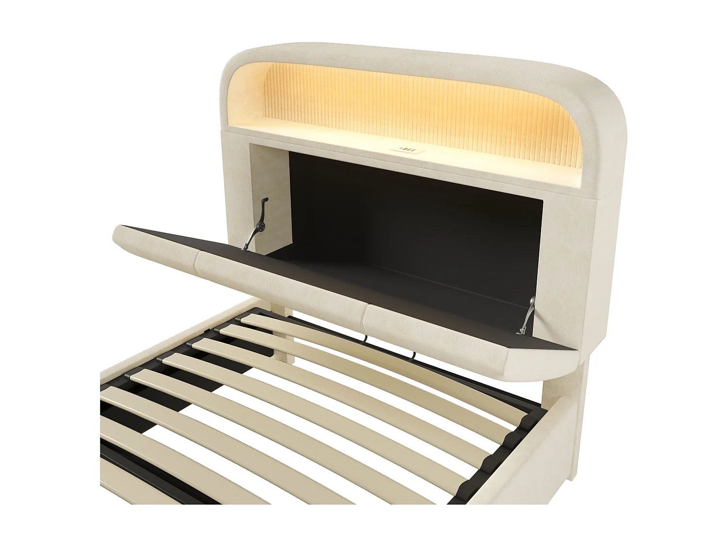Cama con almacenaje 90 x 200 cm - Cama individual con iluminación LED y espacio de almacenaje - terciopelo beige - colchón no incluido