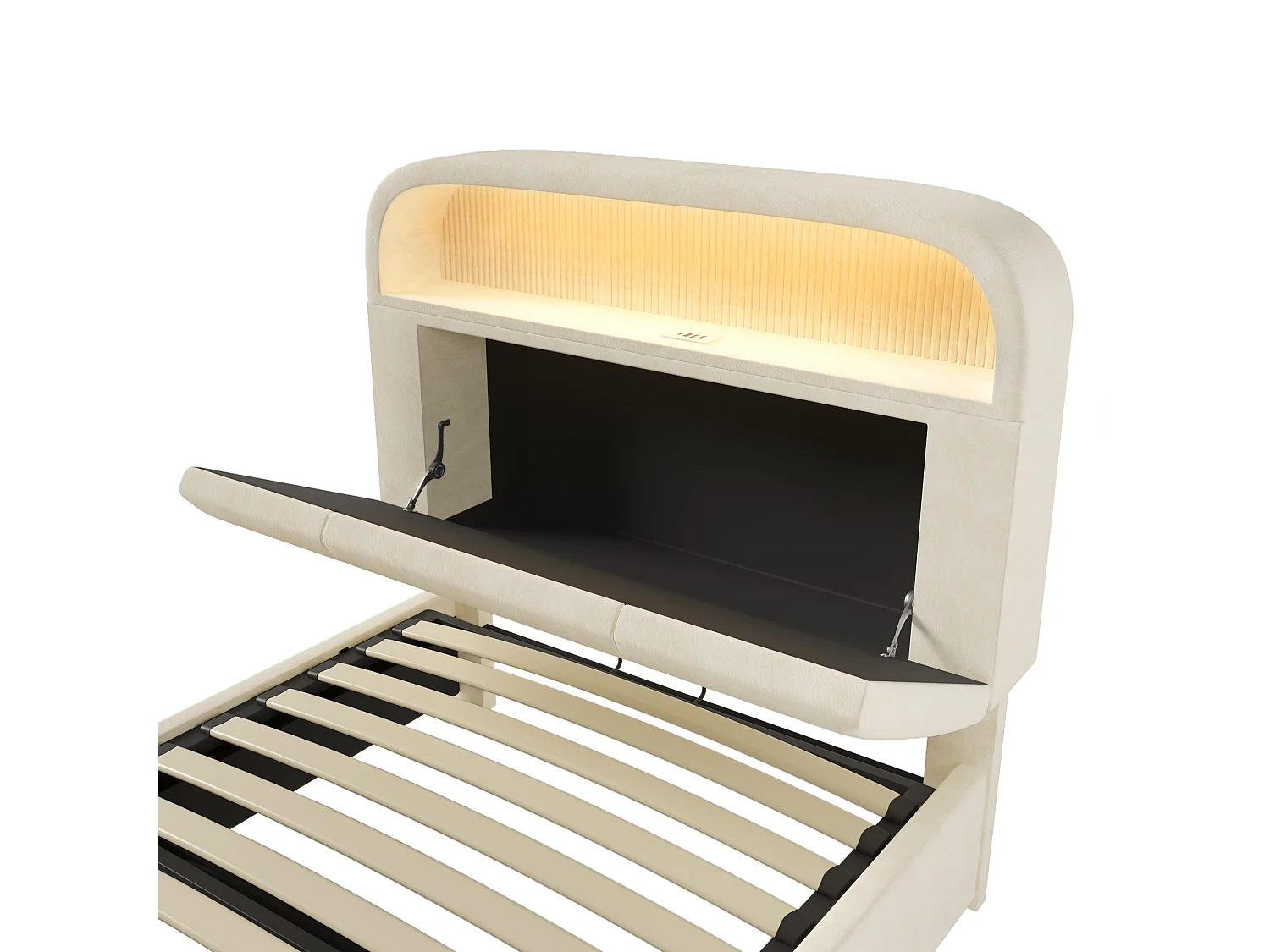 90 x 200 cm Bett mit Stauraum – Einzelbett mit LED-Beleuchtung und Stauraum – beiger Samt – Matratze nicht im Lieferumfang enthalten