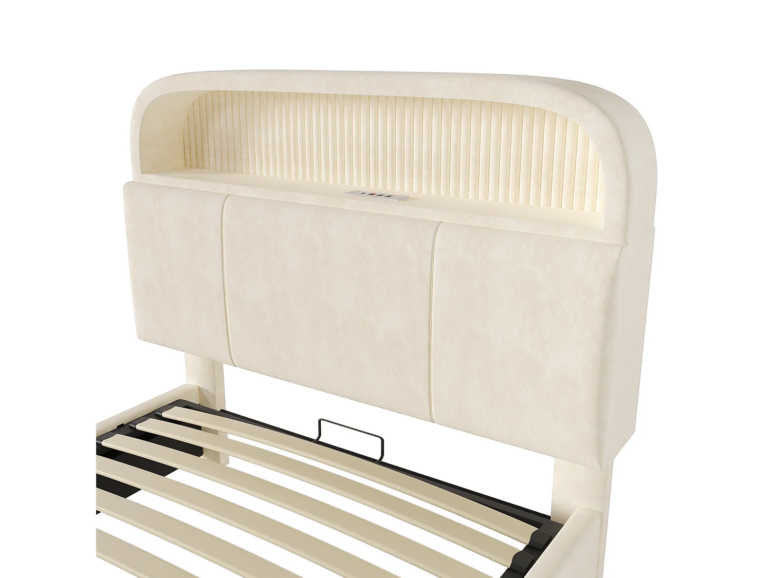 90 x 200 cm Bett mit Stauraum – Einzelbett mit LED-Beleuchtung und Stauraum – beiger Samt – Matratze nicht im Lieferumfang enthalten
