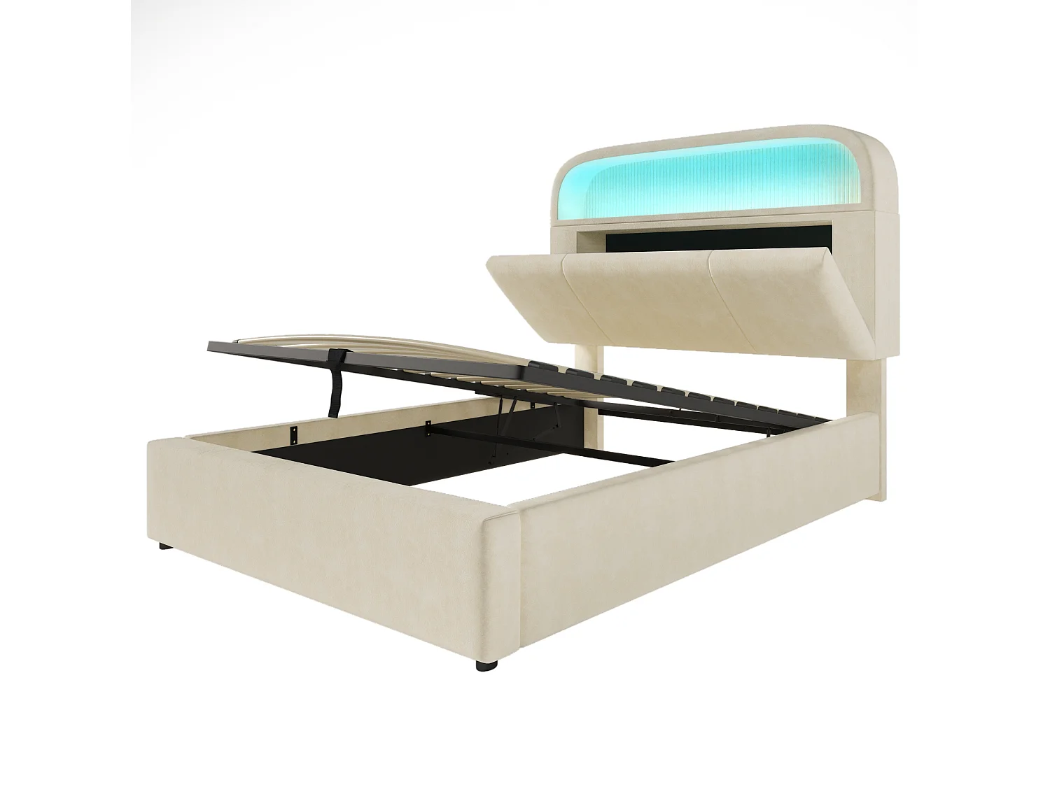 90 x 200 cm Bett mit Stauraum – Einzelbett mit LED-Beleuchtung und Stauraum – beiger Samt – Matratze nicht im Lieferumfang enthalten