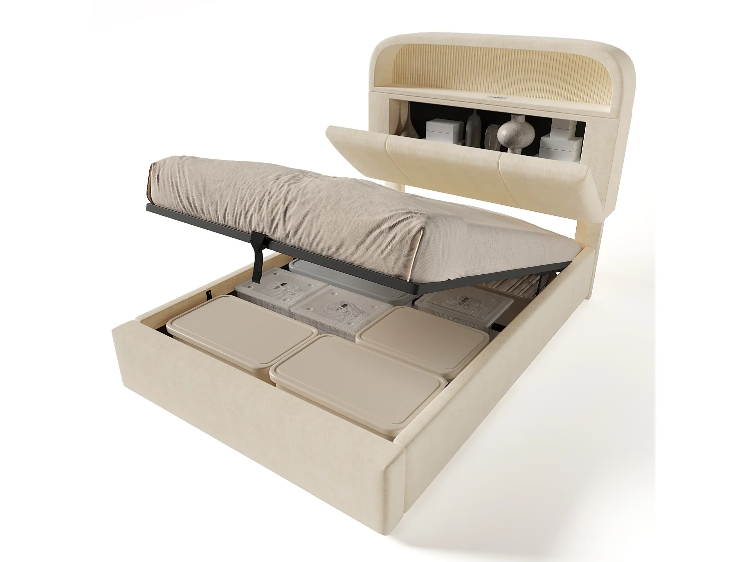 90 x 200 cm Bett mit Stauraum – Einzelbett mit LED-Beleuchtung und Stauraum – beiger Samt – Matratze nicht im Lieferumfang enthalten