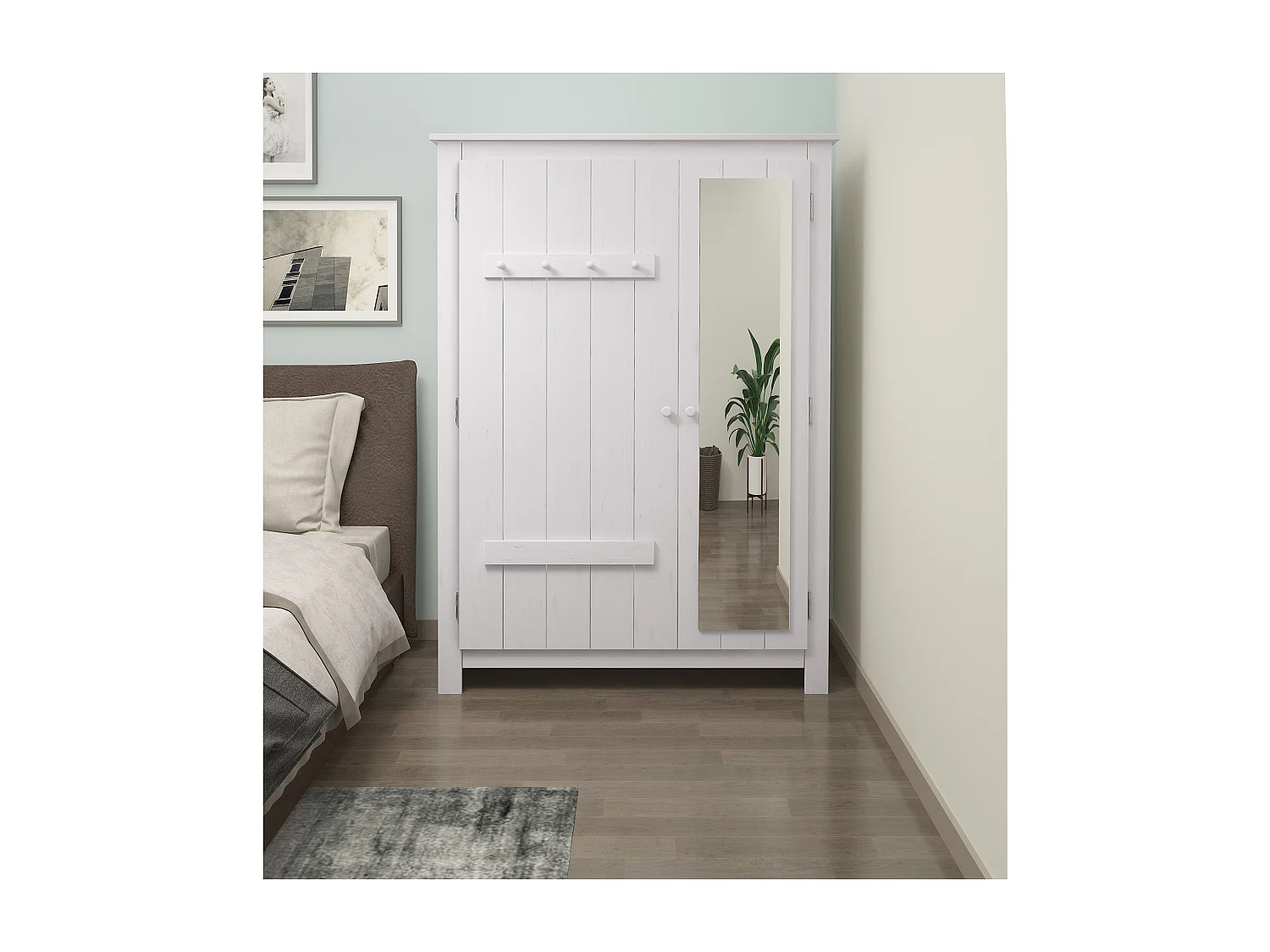 Bertram | Armoire en bois de pin avec porte miroir en blanc