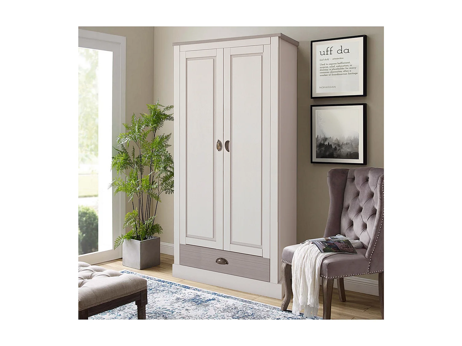 Toby | Armoire à deux portes avec tiroir en bois de pin en blanc gris