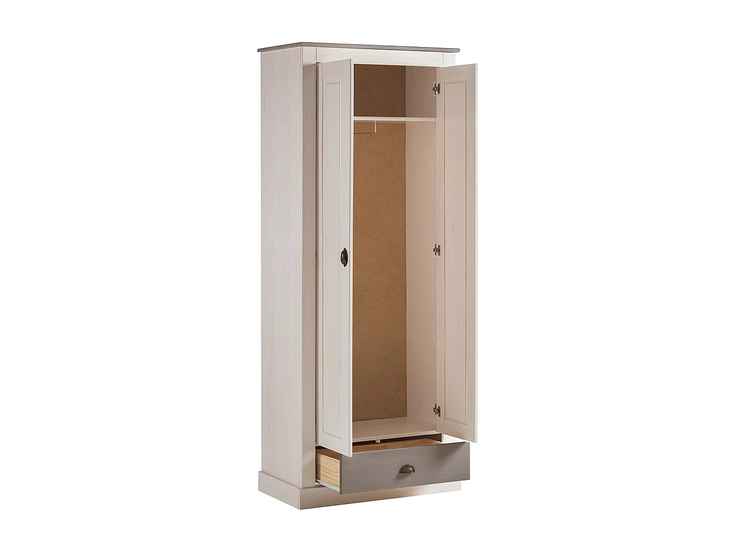 Toby | Armoire à deux portes avec tiroir en bois de pin en blanc gris