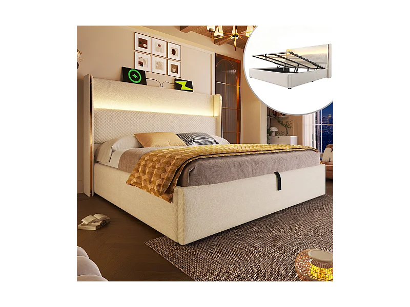 Opbergbed 180 x 200 cm - Volwassen bed met LED-verlichting en USB/Type-C-aansluitingen - beige linnen - matras niet inbegrepen