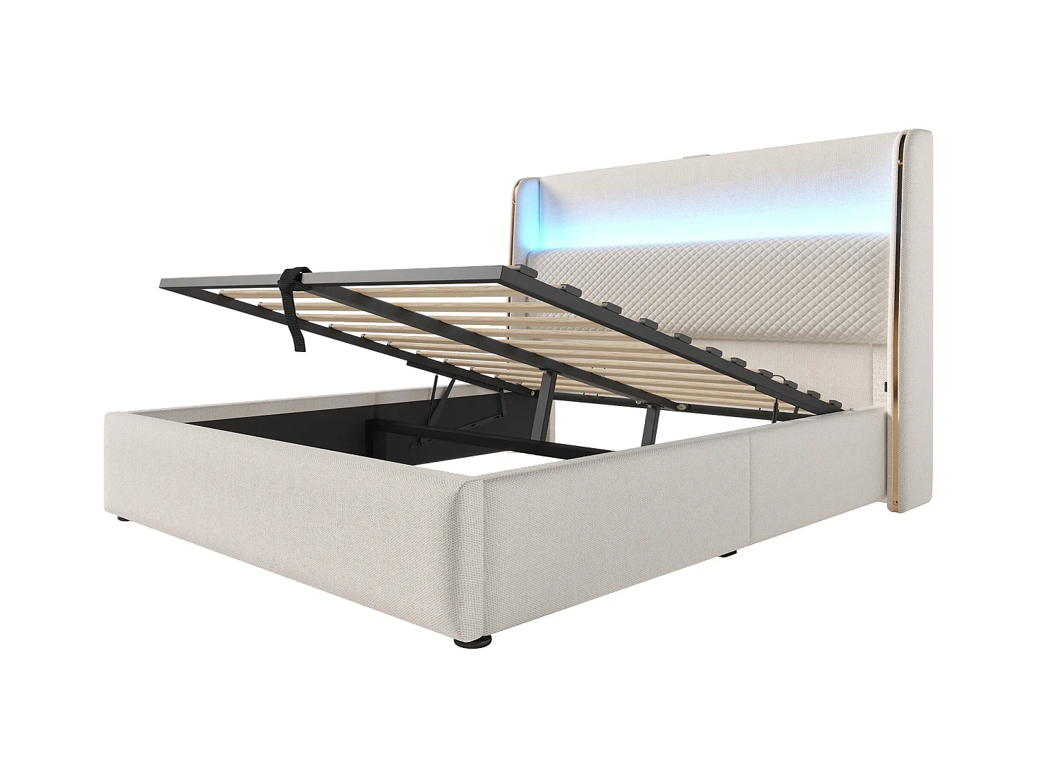 Cama con almacenaje 180 x 200 cm - Cama para adultos con iluminación LED y puertos USB/Tipo-C - ropa de cama color beige - colchón no incluido