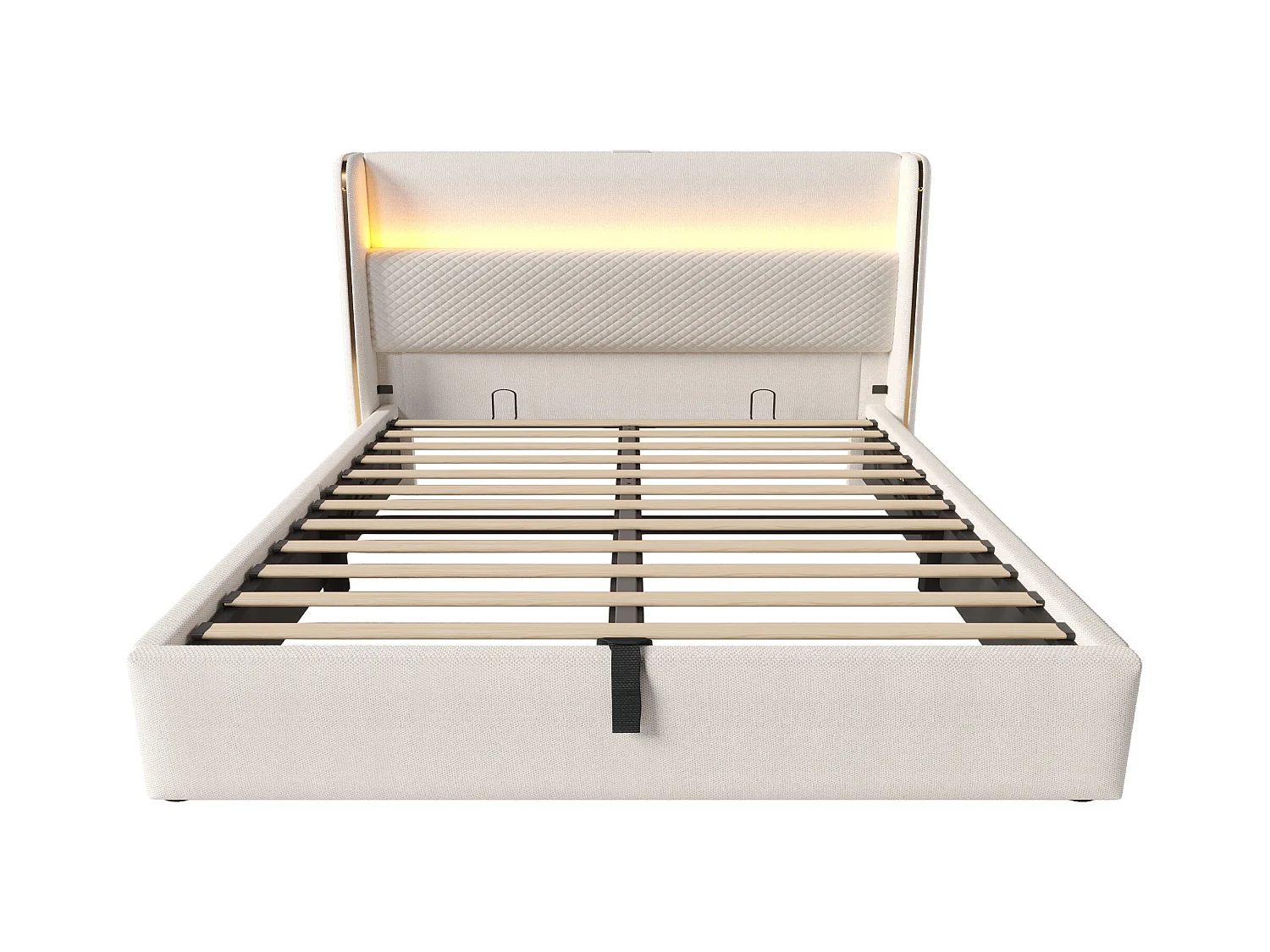 Cama con almacenaje 180 x 200 cm - Cama para adultos con iluminación LED y puertos USB/Tipo-C - ropa de cama color beige - colchón no incluido