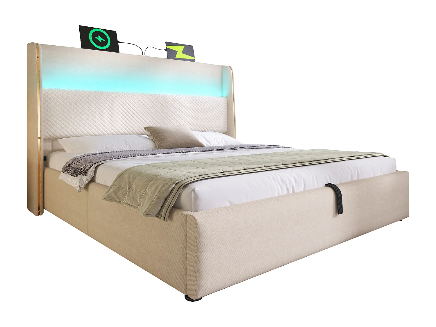 Lit coffre 180 x 200 cm - Lit adulte avec éclairage LED et ports USB/Type-C - lin beige - matelas non inclus