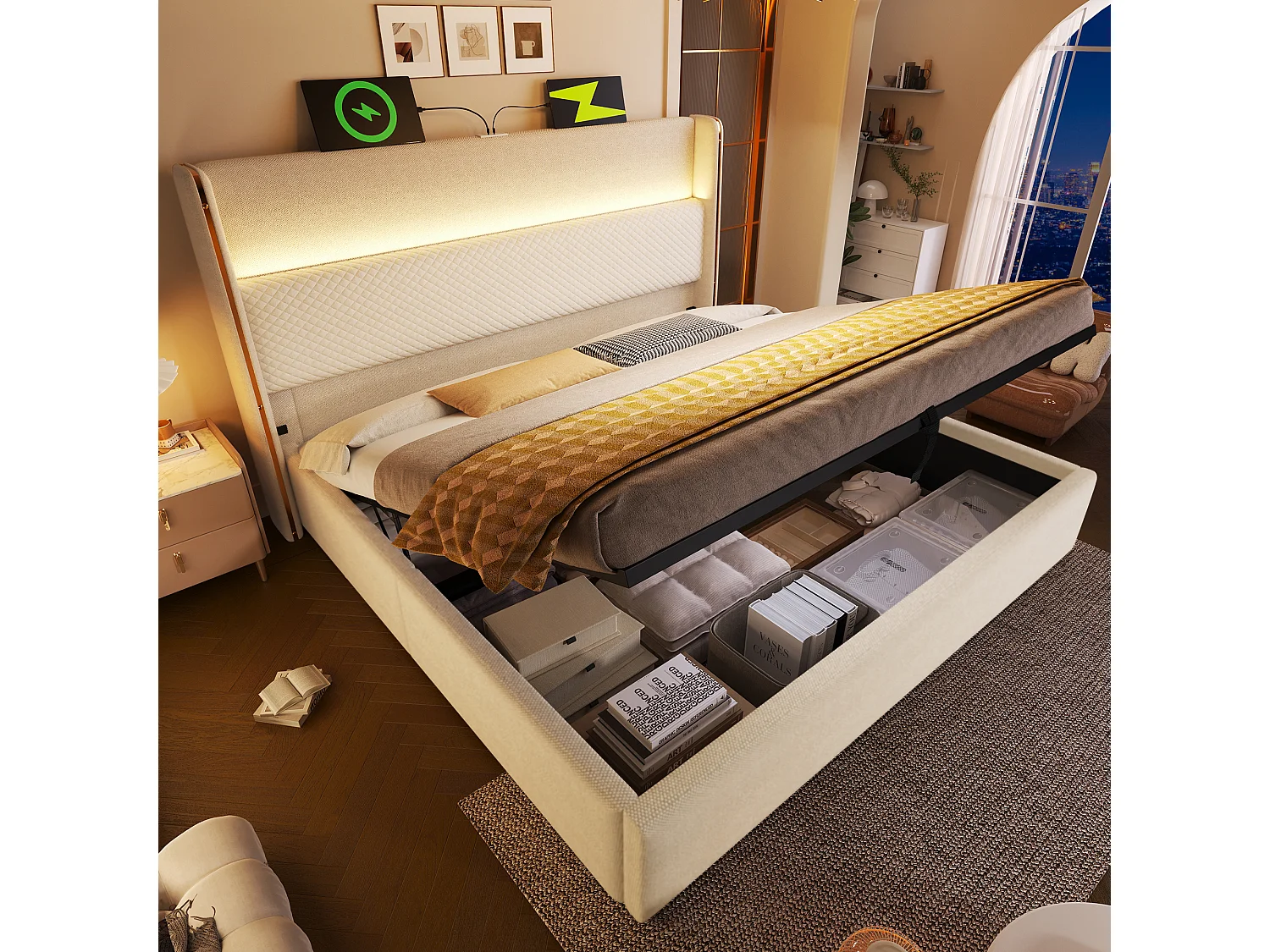 Opbergbed 180 x 200 cm - Volwassen bed met LED-verlichting en USB/Type-C-aansluitingen - beige linnen - matras niet inbegrepen