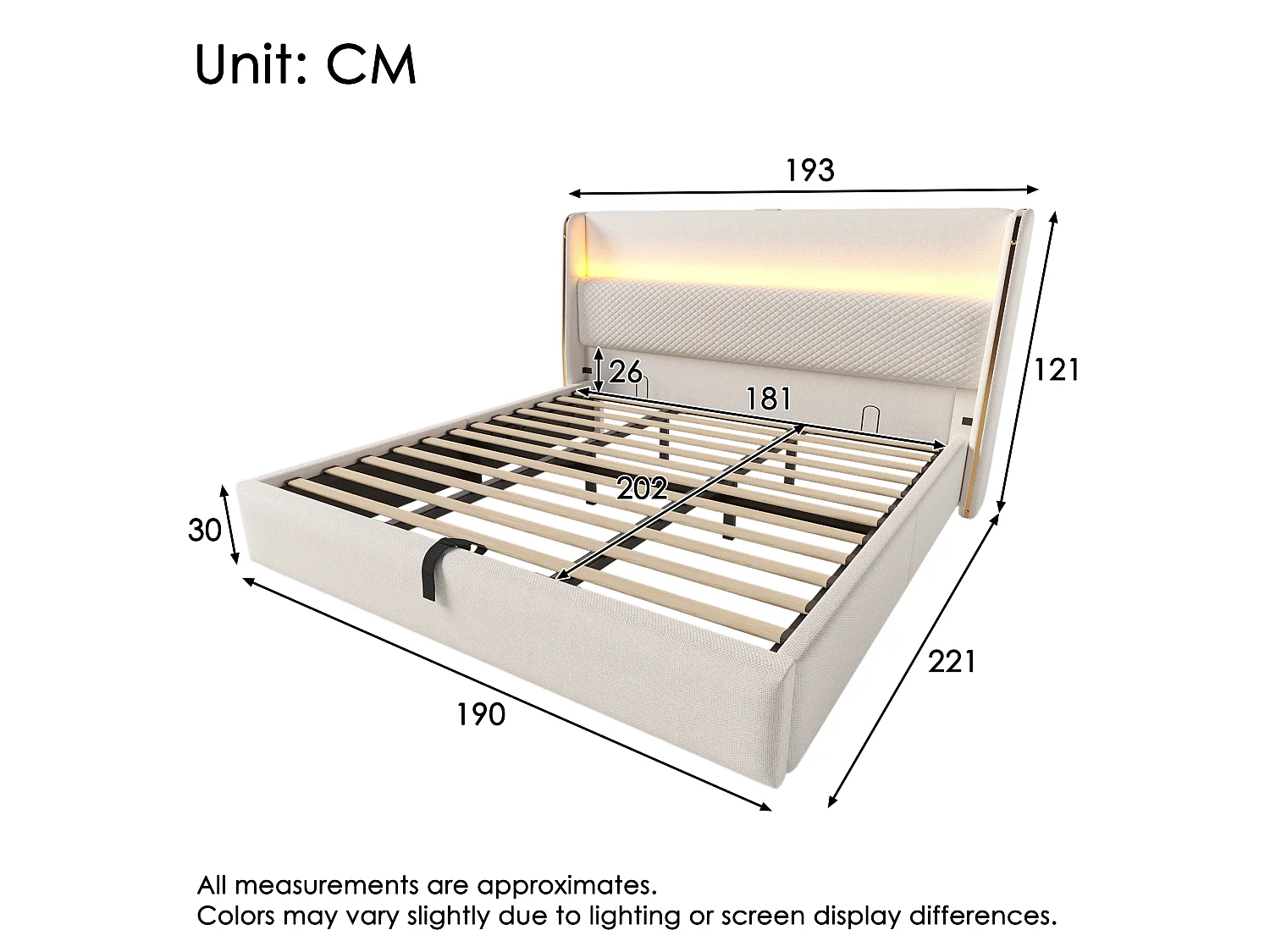 Opbergbed 180 x 200 cm - Volwassen bed met LED-verlichting en USB/Type-C-aansluitingen - beige linnen - matras niet inbegrepen