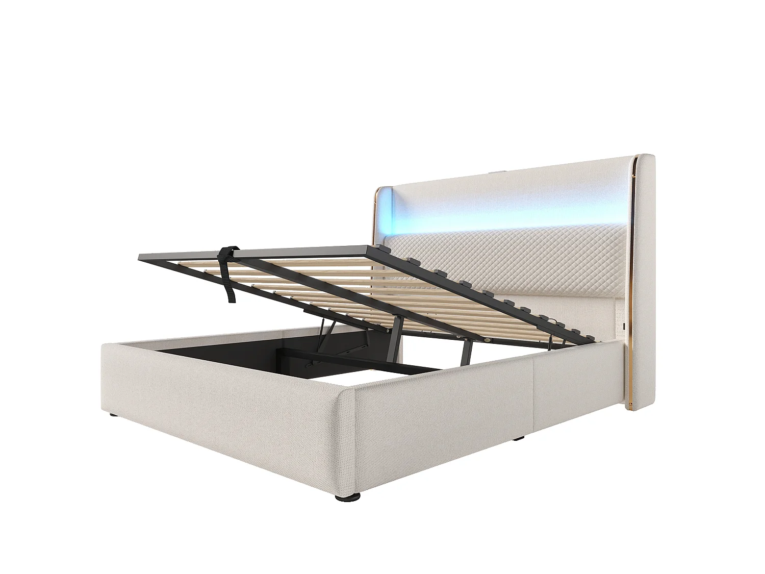 Opbergbed 180 x 200 cm - Volwassen bed met LED-verlichting en USB/Type-C-aansluitingen - beige linnen - matras niet inbegrepen