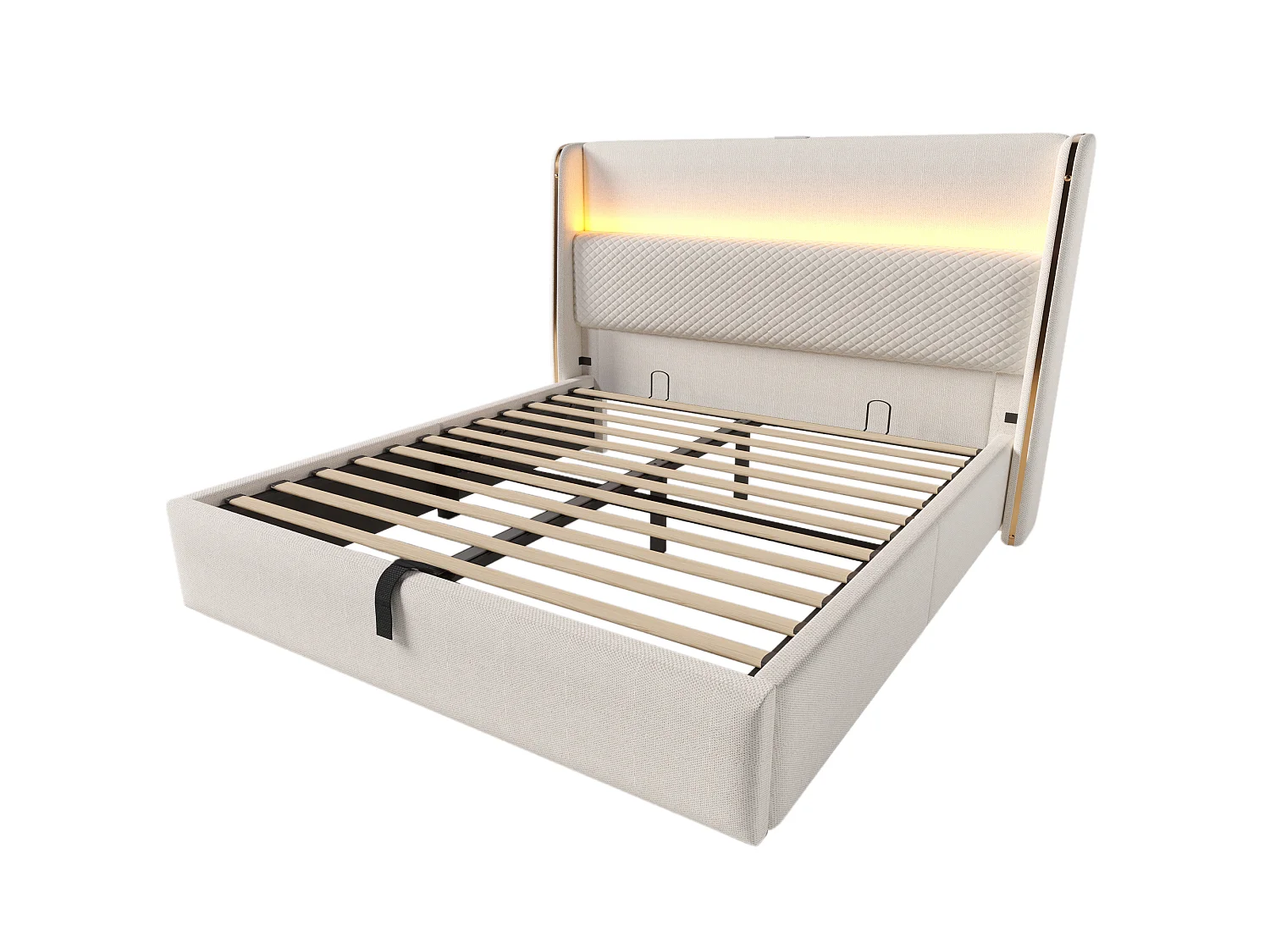Opbergbed 180 x 200 cm - Volwassen bed met LED-verlichting en USB/Type-C-aansluitingen - beige linnen - matras niet inbegrepen