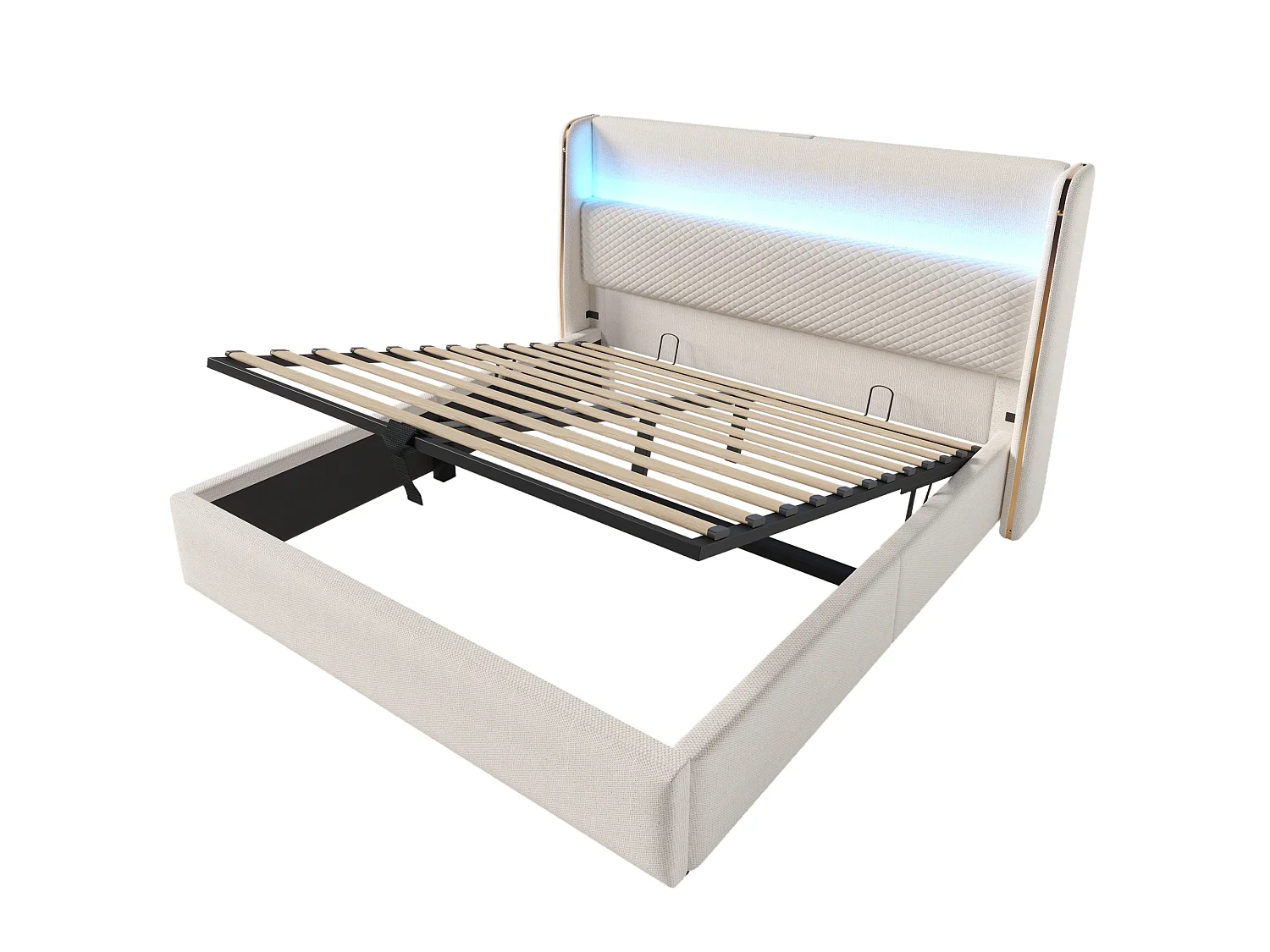 Opbergbed 180 x 200 cm - Volwassen bed met LED-verlichting en USB/Type-C-aansluitingen - beige linnen - matras niet inbegrepen