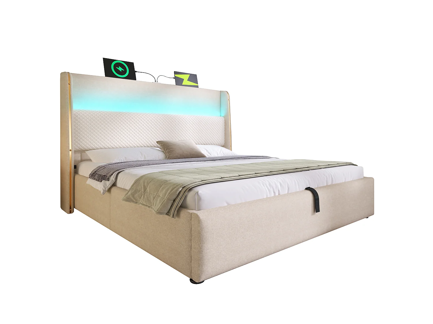 Opbergbed 180 x 200 cm - Volwassen bed met LED-verlichting en USB/Type-C-aansluitingen - beige linnen - matras niet inbegrepen